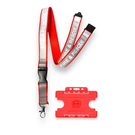 20mm Red Fire and Rescue Reflective Lanyard Safety Breakaway & Detachable Buckle Clip & Red Horizontal ID Card Holder