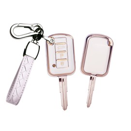 HIBEYO Key Fob Cover for Mitsubishi Eclipse Cross Outlander Sport Mirage G4 Lancer 2016-2021 Key Case Cover for Mitsubishi Accessories with Keychains Smart Remote Auto Key-White