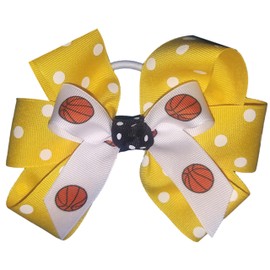 Basketball Polka Dot Hair Bow with six loops, white pony band, Made in the USA (Yellow), many colors