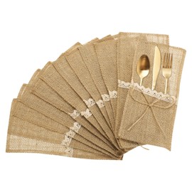 sourcing map 24Pcs Burlap Lace Utensil Holders, 4" x 8" Cutlery Pouch Silverware Holder Natural Jute Pouch Bag Burlap Napkin Bag with Burlap Bow for Party Wedding Decoration