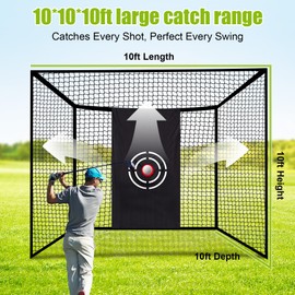 Golf Cage Net 10x10x10ft, Large Coverage Hanging Golf Hitting Cage with Straps & Carabiners (No Poles Included), Portable for Backyard, Garage, Indoor & Outdoor Use