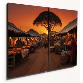 The Plum Penguin South African Market Sunset Scene Wall Art, A4 Dual MDF Wood Panels Canvas Alternative 40 x 30cm