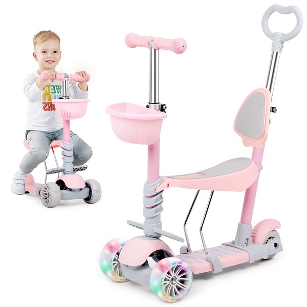 Birtech Kids Kick Scooter 3 Wheels Scooter for Toddler 5 in 1 Scooter for Kids-with Removable Seat and Push Rod, Adjustable Height Kick Scooter for Girls & Boys 1-4 Years Old, Pink