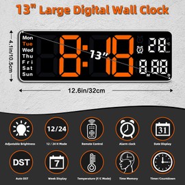 Fuloon 13 inch Large Digital Wall Clock, Digital Alarm Clock, 12/24H Digital Clock with Remote Control, Countdown Gym Timer with Date, Week, Temperature, Adjustable Brightness (Plug In Electricity)