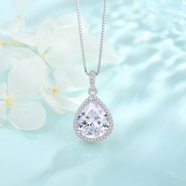 FJ Teardrop Diamond Necklace 925 Sterling Silver Cubic Zirconia Pendant April Birthstone Jewellery Gifts for Women Mom Wife Her