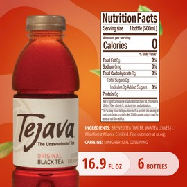 Tejava Original Unsweetened Black Iced Tea, 6 Pack, 16.9oz PET Bottles, Non-GMO, Kosher, No Sugar or Sweeteners, No calories, No Preservatives, Brewed in Small Batches