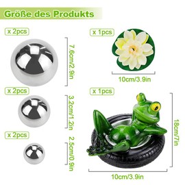 Fosoloni Mini pond decoration set swimming frog with 6 decorative balls, swimming balls, silver and 2 pieces lotus flower for mini pond, patio pond, zinc tubs, solar fountain, garden, balcony, ponds
