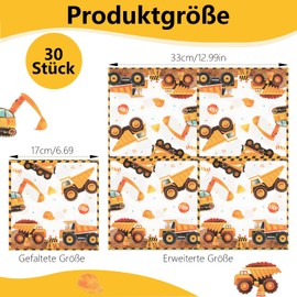 Deepton Pack of 30 Digger Napkins, 33 x 33 cm Construction Site Napkins, Tractor Napkins, Children's Birthday, Disposable Construction Vehicle Bulldozer Napkins for Boys Girls Birthday Party Tableware