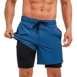 Ecupper Mens Swim Trunks 2 in 1 Compression Liner Board Shorts Quick Dry Swimwear Beach Swimming Bottoms with Zipper Pocket Dodger Blue 3XL