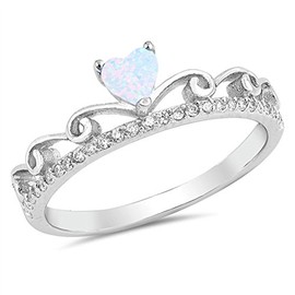 Clear CZ White Simulated Opal Heart Tiara Ring .925 Sterling Silver Band Size 8