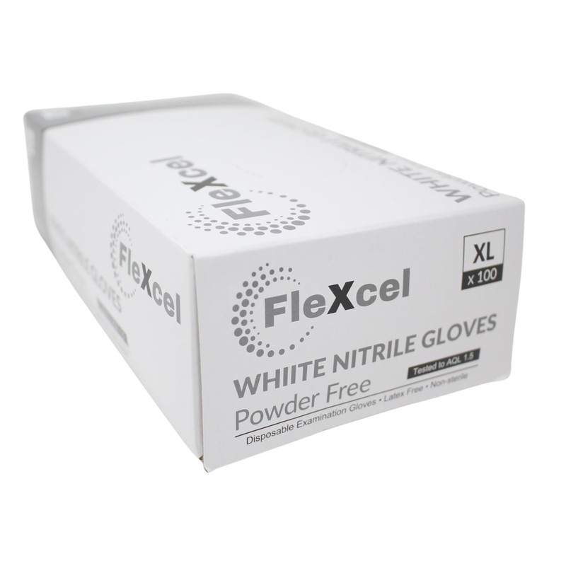FleXcel Powder Free Nitrile Gloves, White, X-Large - Medical-Grade, Latex-Free,
