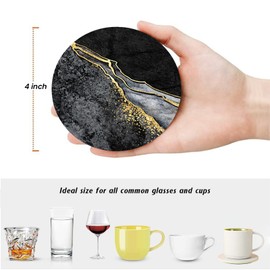 ubcindy Black and Gold Marble Coasters Set of 6 for Drinks,Round Absorbent Ceramic Stone Coaster,Black Gray Modern Marble Coasters with Metal Holder Stand and Cork Base for Coffee Kitchen Party Gift