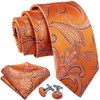 Barry.Wang Fashion Silk Tie Set Handkerchief Cufflink Orange Paisley Christmas