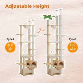 Cat Tower 7-Tier Floor to Ceiling Cat Tree Height(93.3-100.8 Inches) Adjustable, Tall Climbing Tree with Scratching Posts, Cozy Condo, Perches and Large Hammock for Indoor Cats Beige