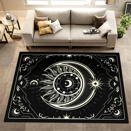 Moon and Snake Boho Area Rug, Non Slip Bohemian Design Rugs for Bedroom Living Room, Gothic Style Stars Floor Mat Pad Area Carpet Home Decor, Black and White (Sun&Moon, 63" X 47")