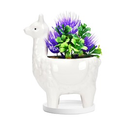 Lependor Cute Alpaca Succulent Planter Pot with Drainage Tray, White Ceramic Cactus/Flower Container, Animal Llama Bonsai Holder for Indoor Plants - White