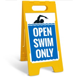 Open Swim Only Folding Floor Sign, 10x16 Inches, with A Frame Stand, Made in USA