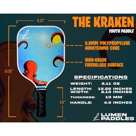Lumen Paddles Youth Pickleball Paddle - Kids Paddle for Beginner and Intermediate Children Ages 12 and Under, Lightweight Honeycomb Core, Fiberglass Surface, Paddle with Fun Design - The Kraken
