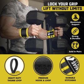 Weight Lifting Wrist Wraps – 18” Cotton Wrist Support with Thumb Loop – Gym Straps for Workout Powerlifting Weightlifting Fitness Strength Training, Stiff Wrist Straps (Yellow Grey)
