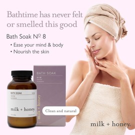 milk + honey No. 8 Calming Bath Soak – Moisturizing Epsom Salt with Lavender & Eucalyptus – Relaxing Aromatherapy Soak for Sore Muscles, Dry Skin & Stress Relief – 10 oz