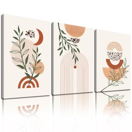 AIRCS Framed Canvas Boho Wall Art Set of 3, 12x16inch, Boho Wall Decor, Mid Century Modern Wall Art Abstract Geometric Minimalist Art Prints Black Beige Boho Artwork For Living Room Bathroom