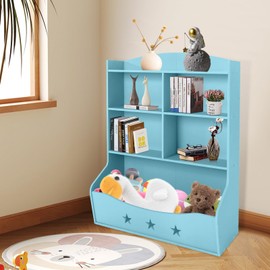 CNCEST Kids Bookshelf, Three-and-a-Half Tier Kids' Storage Organizer, Book and Toy Storage Cabinet, Home Organization Toy Bookcase for Children's Rooms, Corridors, Nurseries, Playrooms (Blue)