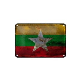 Tin Sign Myanmar Flag 18 x 12 cm Flag of Myanmar Rust Decorative Sign