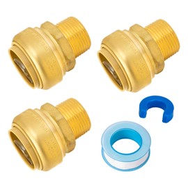 SUNGATOR Reducing Male Adapter, 1 Inch Pushfit x 3/4 Inch MNPT Adapter, No Lead Brass Push-to-Connect Plumbing Fitting for PEX Pipe, Copper, CPVC, With 1 Disconnect Clip and 1 Sealing Tape, Pack of 3