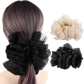 Hair Claw 2PCS Cute Large Bow Dots Hair Claw Clips Women Elegant Mesh Bowknot Shark Clip Ponytail Holder Hairgrips Hair Crab Claw Fashion Headwear