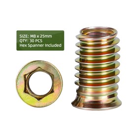 30 PCS M8-1.25 x 25mm Threaded Inserts for Wood Professional Threaded Insert Nuts for Furniture & Wooden Products, Hex Spanner Included