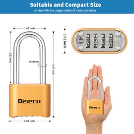 disecu® Heavy Duty Long Shackle 4 Digit Combination Lock, Anti-Error Feature, High Security Waterproof Outdoor Padlock for School Gym Locker, Fence, Gate, Hasp Storage (Brass)