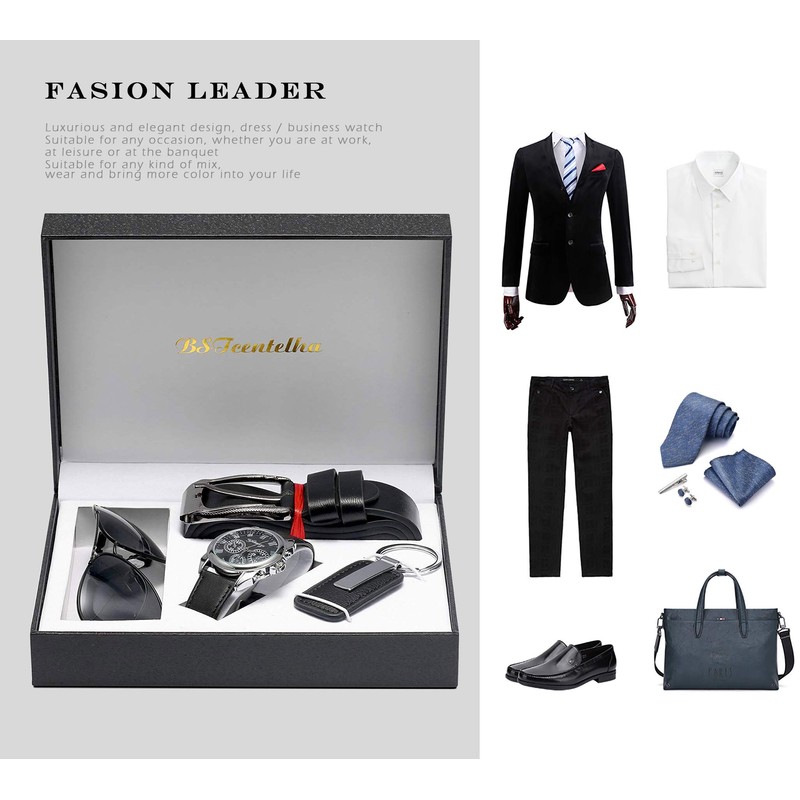 BSTcentelha Mens Gift Set,Mens Artificial Leather Watch Belt Keychain Sunglasses