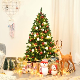 Happygrill 4.5FT Pre-Lit Christmas Tree Hinged Artificial Christmas Tree with Sturdy Metal Stand Pine Cones and Red Berries, 516 Branch Tips Xmas Christmas Tree for Home Office