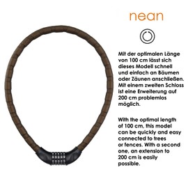 nean Bicycle lock, bicycle armoured lock, tank bicycle lock with numbers, armoured cable lock, armoured link lock, combination lock with code, 20 x 1000 mm, extra thick, soft surface, black