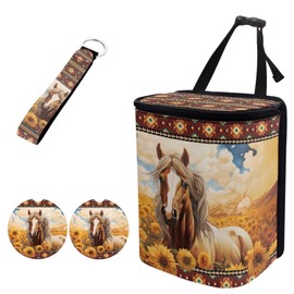 FUIBENG Aztec Horse Sunflower Hanging Vehicle Trash Bag Leak Proof Washable Car Garbage Bin Storage Bag,Horse Animal Print Keychain，Car Coaster with A Finger Notch for Women Men