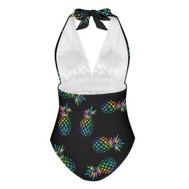 Sprowallow - Traje de baño para mujer, de una pieza, con control de abdomen, cuello en V, halter, corte alto, negro (Black Pineapple), XL