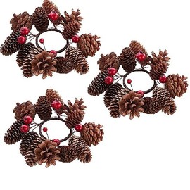 Set of 3 Natural Pinecone and Artificial Winterberry Berry Candle Rings