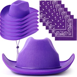 Coume 6 Sets Adult Cowboy Hat for Women and Men Western Cowgirl Hats with Adjustable Drawstring and Cowboy Party Paisley Bandana(Purple)