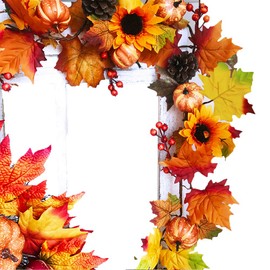 Winlyn Fake Fall Maple Leaf Garland Hanging Vine- 6 Feet - Artificial Berries Sunflower Pumpkin Autumn Decoration for Wedding Party Thanksgiving Dinner Fireplace Door Frame Doorway Backdrop Decor