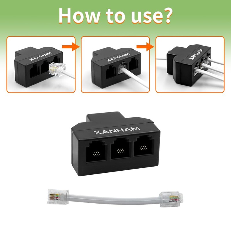 XANHAM XANHAM RJ11 Cable 3 Way Splitter 6P4C Connector Phone