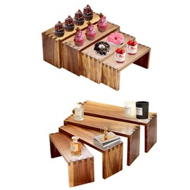 GYSYELL 8Pcs Wood Risers Display Stands 2 Set, 4 Tier Rectangular Spice Rack for Food, Desserts, Cup Cake Stand, Large Tiered Shelf Organizer for Perfume, Makeup, Dolls, Collectibles