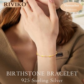 RIVIKONov Birthstone Bracelets for Women,925 Sterling Silver Gold Plated Dainty Women Charm Link Bracelet, Adjustable Anniversary Jewelry Valentines Day Birthday Gifts for Her Mom Wife friend Lady