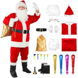 Santa Claus Costume for Men Santa Suit Adults 26pc Deluxe Velvet Father Christmas Costume Xmas Red Cosplay Outfit