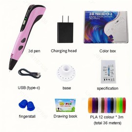 3nd Generation 3D Printing Pen with 12 Colors Filament USB Type-C Charging 118FT/36M PLA  DIY Sculpting Tools Creative Learning Art:_Pink (Third Generation deluxe Upgraded version）_1 Set