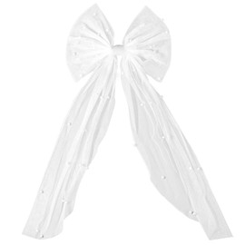 Bridal Hair Bow Veil Bridal Bows Veil White Pearl Wedding Hair Piece Clip with Bows and Veils White Tulle Bow with Clip for Bachelorette Shower Wedding Party