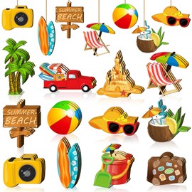 Summer Wooden Hanging Ornaments, 36 Pieces Tree Decorations, Summer, Hanging Decoration, Wood, Summer, Beach Decoration, Hawaii, Hawaii Decorative Wood, with Rope, Perfect for Summer Hawaiian Tropical