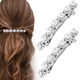 HINZIC 2Pcs Silver Pearl Hair Clips, Sparkly Crystal Rhinestone Wedding Barrettes French Bridal Hair Pins Prom Engagement Decorative Accessories for Women Bride