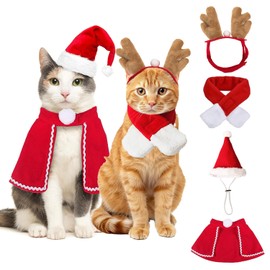 Disfraz de Navidad para Perros Gatos,4 Ajustable Ropa Accesorios para Navideño de Mascota,con Gorro Navideña, Astas de Reno Diadema,Bufanda y Manto,para Perro Gato Pequeños,Mascota Regalos de Navidad