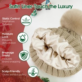 Donfri Beanie Hats for Women Satin Lined Beanie Winter Knitted Hat for Ladies Warm Bobble Hat (Oatmeal)