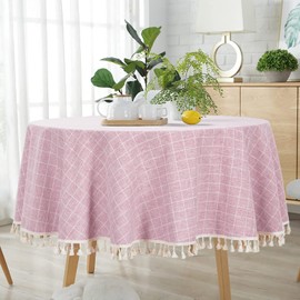 Round Tablecloth Cotton Linen Tablecloth Wrinkle Free Dust-Proof Table Cloth Washable Buffalo Check Tablecloth Table Linen 55" Pink Embroidery Tassel Tablecloth for Home Kitchen Tables